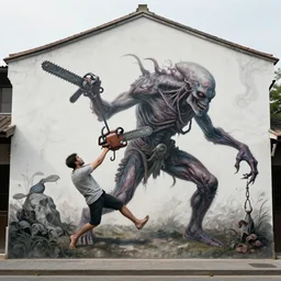 a town mural showing an eldritch mutant abomination with chainsaws and meat hooks dragging the innocent kicking and screaming to the burning depths of hell featured on wallace and gromit by thomas kinkade and lilia alvarado
