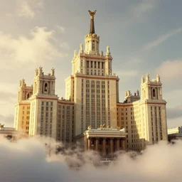 The palace of Russian cosmos cultists, monumental soviet building, stalinist ampir architecture breaking through the clouds, warm, 40-s style, breathtaking, down to up view, concept art by Feng Zhu
