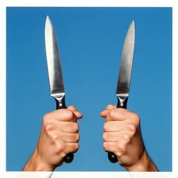 extremely detailed studio photograph of hands holding knives. surreal photograph, lo - fi, polished look, solid background, silly and serious, hermes ad, fashion photography, toiletpaper magazine by pierpaolo ferrari and maurizio cattelan, 3 5 mm photograph, colourful, david lachapelle, canon eos c 3 0 0, 8 k, medium - format print