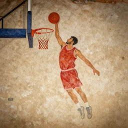 A ancient cave painting of a basketball player dunking,