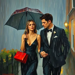 an oil painting of a couple in formal evening wear going home get caught in a heavy downpour with no umbrellas.