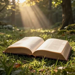 opened giant book with fantasy light, cinematic view, detailed, concept art, high detail, warm lighting, volumetric, godrays, vivid, beautiful, trending on artstation, by jordan grimmer, huge scene, grass, art greg rutkowski