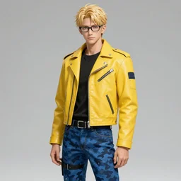 elven male, shaggy blonde hair. Wearing modern yellow leather jacket and blue camouflage pants and glasses. Modern, concept art, Akikazu Mizuno, anime