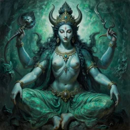 A gothic cinematic portrait of the colossal Hindu demon goddess, by Wayne Barlowe, by Sandro Botticelli, by Paul Lehr, by Bruce Pennington, oil on canvas, masterpiece, trending on artstation, featured on pixiv, cinematic composition, beautiful lighting, sharp, details, details, hyper-detailed, no frames, cyan and green, 8K