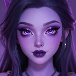 widowmaker from overwatch as a young princess with purple skin, shiny eyes, lipgloss, portrait, closeup, cute freckles, dramatic soft lighting, gloss effects, and exaggerated proportions, digital art by julia razumova and mel milton, trending on artstation, 4 k high quality
