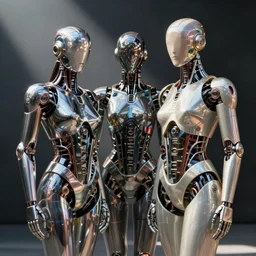 polyamorous cyborgs made of metal glass and plastic, hyperrealistic photograph