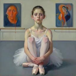 portrait of nervous young girl ballerina sitting on the floor focusing in a dance hall by hernan bas and francis bacon and pat steir and hilma af klint, psychological, photorealistic, symmetrical face, dripping paint, washy brush, matte painting, rendered in octane, altermodern, masterpiece