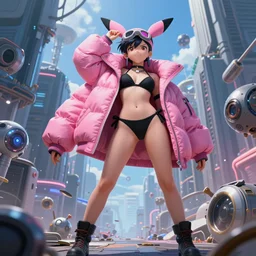 beautiful fantasy character portrait, pokemon, wearing oversized puffy pink bomber jacket and black bikini, ultra realistic, wide angle, seductive pose, cyberpunk artifacts, highly detailed by peter mohrbacher, hajime sorayama, wayne barlowe, boris vallejo, aaron horkey, gaston bussiere, craig mullins