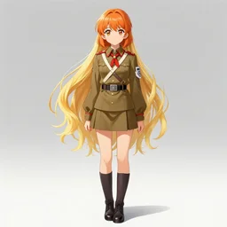 very beautiful young anime girl with short orange hair, dressed in soviet pioneer uniform, full body, long wavy blonde hair, sky blue eyes, full round face, bikini, miniskirt, front view, middle, highly detailed, colored manga drawing by wlop popular on artstation