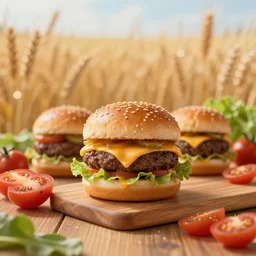 5 5 mm photo of a greasy cheese burger surrounded by fresh vegetables on a wooden table in a wheat field. dof. bokeh. magical atmosphere. art by greg rutkowski. highly detailed 8 k. intricate. lifelike. soft light. nikon d 8 5 0.