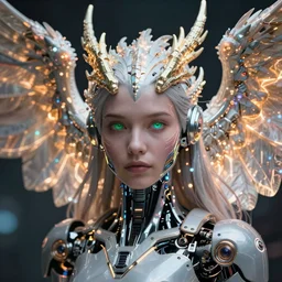 ultra detailed portrait of a futuristic cybernetic angel with glowing dragon wings, by tom bagshaw and anna dittman, 5 0 mm lens, perfect eyes and face, biomechanical robot, deep depth of field, artstation, 8 k