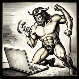 high detail woodcut of hercules fighting a computer laptop