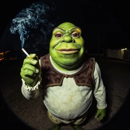 fisheye lens shrek smokes cigarette