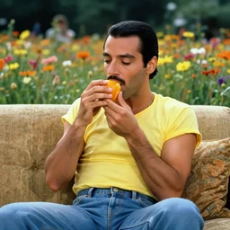 Freddie Mercury eating an orange on a couch in a flowerfield.