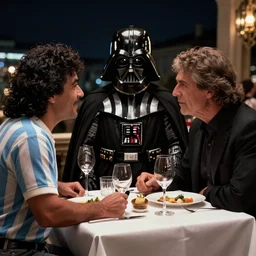 professionale photo of Darth Vader having dinner with Diego Armando Maradona at a classy restaurant, night time, intimate atmosphere, intense emotions
