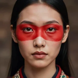 portrait of a stunningly beautiful asian tribal female, minimal red facepaint over the eyes in a stripe, depth of field, zeiss lens, detailed, symmetrical, centered, fashion photoshoot, by Annie Leibovitz and Steve McCurry, David Lazar, Jimmy Nelsson, Breathtaking, 8k resolution, extremely detailed, beautiful, establishing shot, artistic, hyperrealistic, beautiful face, octane render