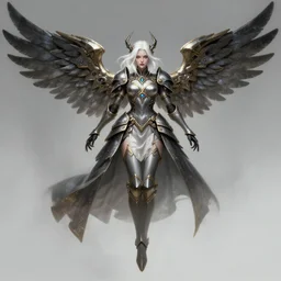 a highly detailed illustration of white haired pale lady wearing dieselpunk armor dress with iron wings, dramatic floating pose, intricate, elegant, highly detailed, centered, digital painting, artstation, concept art, smooth, sharp focus, league of legends concept art, wlop