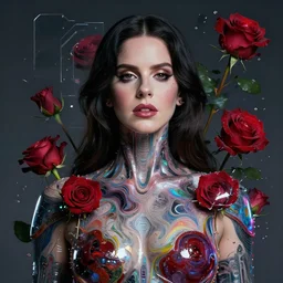 portrait of lana del rey as a cyberpunk cyborg. roses, sci - fi, missing panels, intricate abstract upper body intricate artwork, by tooth wu, wlop, beeple, dan mumford. concept art, octane render, deviantart, greg rutkowski, cinematic arthouse, key art, hyper realism, iridescent accents