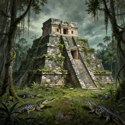 a historical illustration of a mostly sunken aztec temple in the florida everglades, overgrown with moss and vines, alligators, foreboding, creepy, in the style of a historical illustration