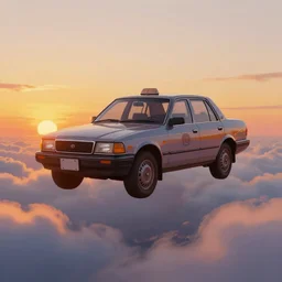 1980s taxi car floating above the clouds at sunset, digital art painting
