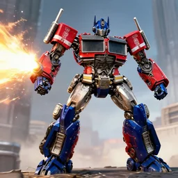 optimus prime shooting at megatron, striking pose, robot huge, fly engines,