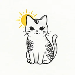 tattoo sketch of a cat with one eye, smiling sun, maori ornament, polinesian style, minimalism, line art, vector