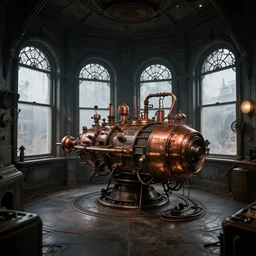 dark indoor vintage crazy spaceship with copper equipment in a cubic room with large victorian windows