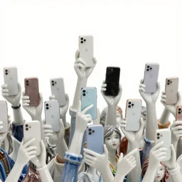 A crowd of detailed, hand painted porcelain figurines holding iPhones in their hands, delicate, detailed, Canon TS-E 17mm f/4, pristine quality wallpaper
