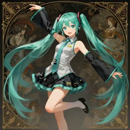 hatsune miku, dance, intricate, elegant, highly detailed, digital painting, artstation, concept art, smooth, sharp focus, illustration, art by artgerm and greg rutkowski and alphonse mucha and william - adolphe bouguereau