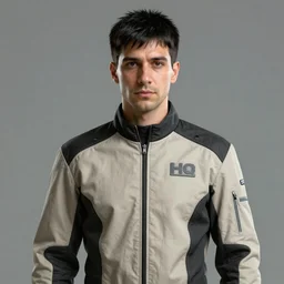 Photorealistic concept art of a male sci-fi character portrait in his 30's, features between French, Turkish and Russian with short black hair on the sides and a fringe dressed in a beige and black jumpsuit, 4K Trending at Artstation HQ