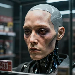 photo of a cyborg!! in sale, in a store display, hiding a dark secret, synthetic skin!!!, highly detailed face, expressive face, cyberpunk, year 3022, medium close-up, depth of field, ISO 300, aperture f11, 1/100 obturation speed