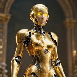 maria of metropolis, humanoid robot, golden full body armor, beautiful helmet in the shape of a face, scifi, futuristic, raytracing, neon, cyborg eyes glowing yellow, sharp focus, cinematic lighting, artstation, divine, by fritz lang, gauthier leblanc