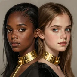 black emma watson willow smith symmetrical portrait, golden collar, highly detailed, digital painting, artstation, concept art, sharp focus, illustration, art by aleksi briclot, greg rutkowski