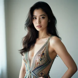 A beautiful hyper realistic detailed studio portrait of a confident gorgeous female wearing an intricate dress by Miho Hirano and Muxxi|center framing, soft focus, vertical portrait, natural lighting, f2, 50mm, hasselblad, film grain, portrait lighting, light leaks|confident, alluring, seductive, attractive, beautiful, sensual, woman, by Alexandr AverinErguna