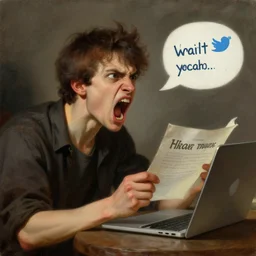 an angry person typing an angry message on twitter while shouting at the air, style digital neoclassical painting, concept art, smooh, sharp focus, 8 k, artstation
