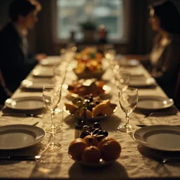 a 3 5 mm photo of a table set for thanksgiving, bokeh, canon 5 0 mm, cinematic lighting, dramatic, film, photography, golden hour, depth of field, award - winning, 3 5 mm film grain, retro, film, kodachrome