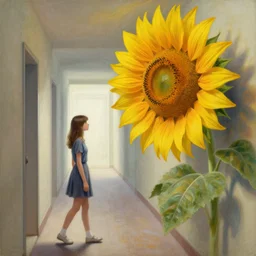 a painting of a girl walking in a hallway and suddenly finds a giant sunflower blocking the hallway, art by greg manchess, guangjian, detailed digital art, artstation hd