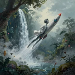 hyperrealist painting of a skinny grey scientist rocketing out of a bubble in the sky in a waterfall from howl's moving castle ( 2 0 0 4 ) jungle. moody, misty, depth perception.