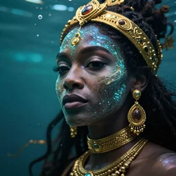 hyperrealistic whole body cinematic bioluminescent very expressive! oshun goddess underwater scene, gold jewerly, highly detailed face, digital art masterpiece, smooth eric zener cam de leon, dramatic pearlescent turquoise light on one side, low angle uhd 8 k, shallow depth of field