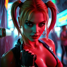 2 8 mm closeup portrait of seductive harley quinn fashion shoot in the rain, bladerunner, tension, jim lee, frank miller, night club, futurepunk, pinup, nagel, vibrant, greg rutkowski,