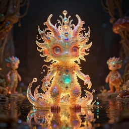 iridescent creature in candyland, water reflection, night, backlit, warm tones, bioluminescent : by michal karcz, daniel merriam, victo ngai and guillermo del toro : ornate, dynamic, particulate, intricate, elegant, highly detailed, centered, artstation, smooth, sharp focus, octane render