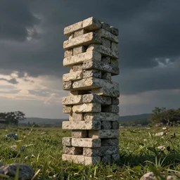 giant jenga tower made of stone on a plane of grass, cinematic lights