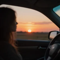 a romantic sunset pictured from the inside of a car, through car window, matte color palette, highly detailed, realistic shaded, trending on artstation, golden ratio rule, female silhouette blurred in the foreground, in the style of storm thorgerson