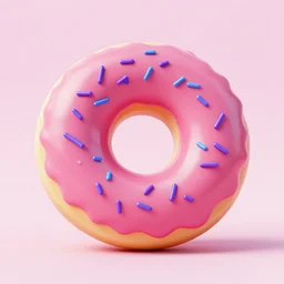 3 d render of a pink donut with purple and blue sprinkles, light pink background