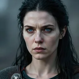 photorealistic portrait of female viking warrior with black hair and bleeding nose, blue eyes, porcelain skin, shoulders, determined
