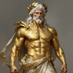 portrait of rugged zeus with smeared gold body paint by ruan jia greg rutkowski, laurels greek god [ white hair ] muscular masculine manly mature rugged powerful sensual handsome flowing robe fantasy intricate elegant detailed digital painting concept art artstation sharp focus illustration