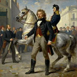an epic painting of hegel standing on a street, seeing napoleon ride by on a horse, oil on canvas,