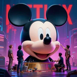 a group of people repairing the huge head of mickey mouse, cyberpunk art by eddie mendoza, a netflix logo on the background cgsociety, retrofuturism, dystopian art, concept art