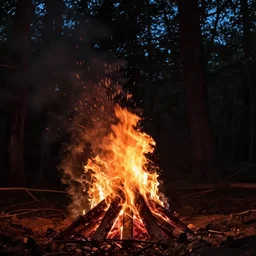 A bonfire burning in a forest a night. Dark.