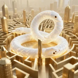 white worm energy creature snaking through labyrinth cityscape. emissive and volumetric lighting. brass colors. rutkowski wlop 3 8 4 0 2 1 6 0